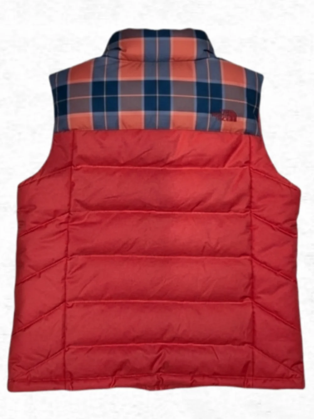 North Face Retro Plaid Vest Large Coral Red Orange Blue Down Puffer Womens Large